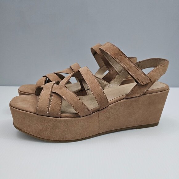 Eileen Fisher Mazy Sandal Womens 10 Latte Tan Leather Slingback Wedge Platform - Picture 1 of 13